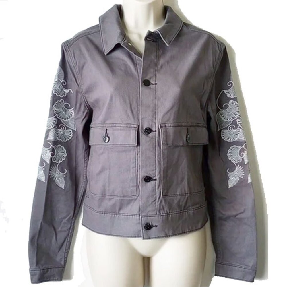 NWOT LuLaRoe Kenny Brushed Cotton Denim Jean Jacket M Floral Lace Appliques Gray